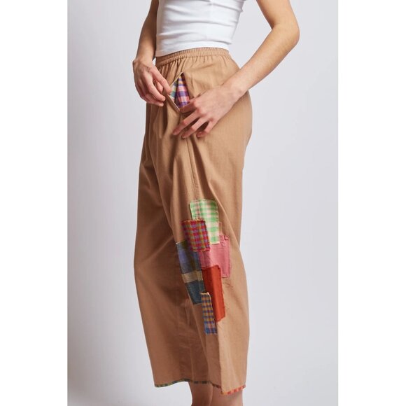 Rujuta Sheth Collage High-Rise Pants Sand Tan Patchwork Boho Lagenlook Kitsch L - Picture 3 of 11